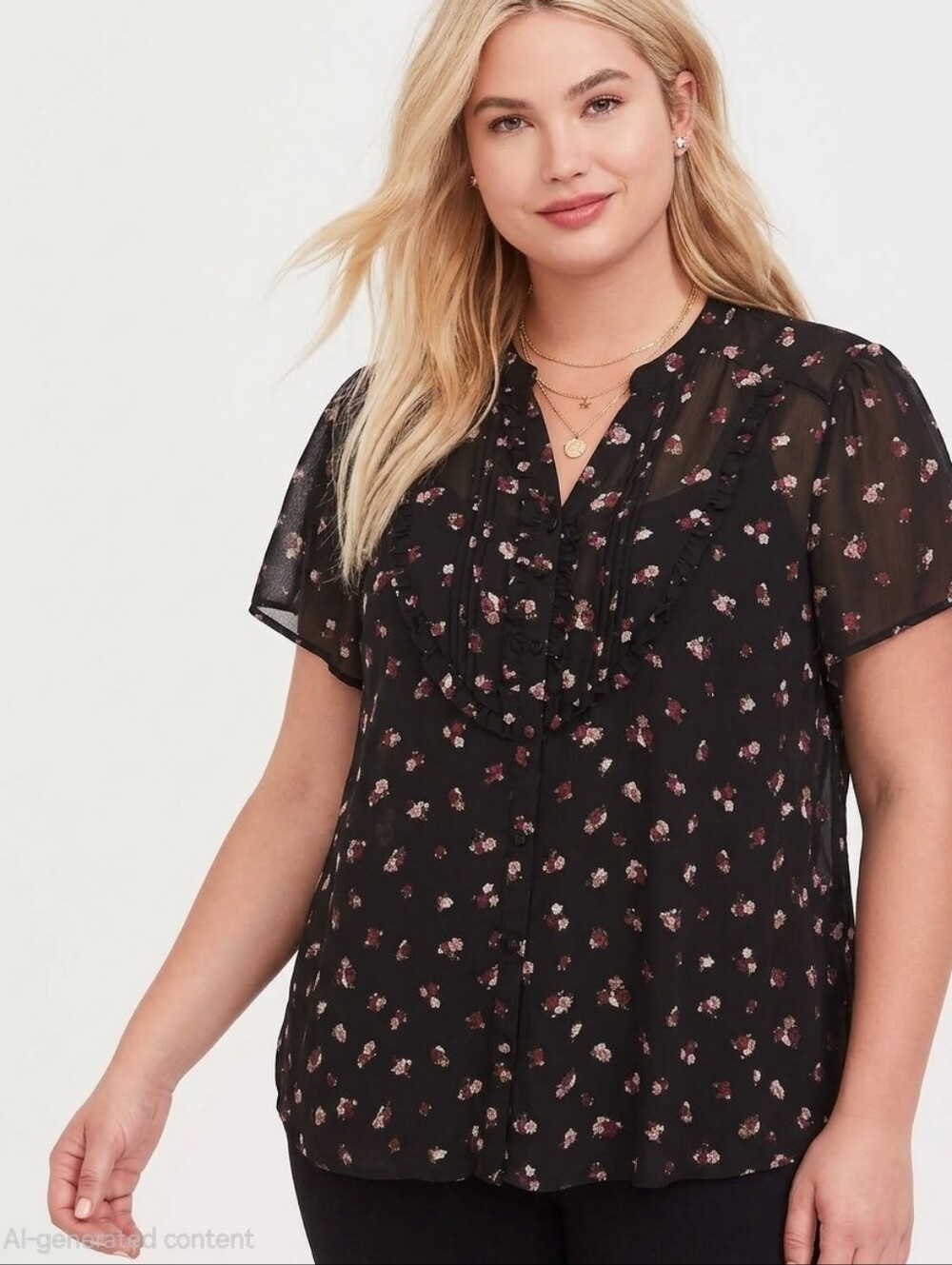Torrid Floral Chiffon Ruffle Button Front Blouse Top Black Pink Size 3 3X